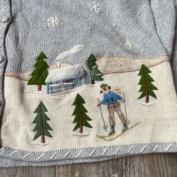 Vintage Ugly Christmas Sweater Cardigan Skiing Embroidered Knit Blue Granny XL - Picture 2 of 9